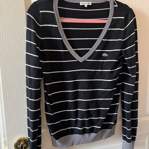Lacoste Black and White v-neck Striped Sweater